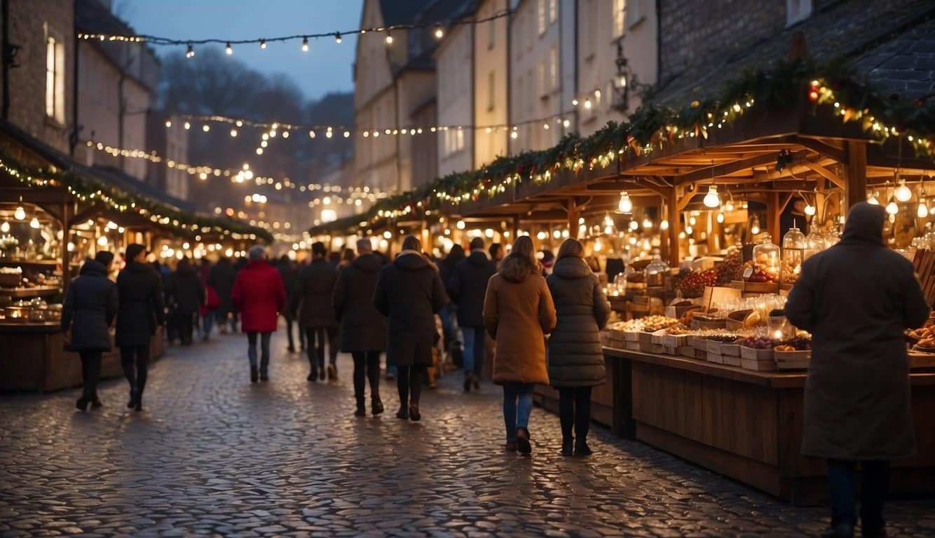 Festive stalls line cobblestone streets, adorned with twinkling lights. Locals and tourists browse handmade ornaments, savoring the aroma of mulled wine and roasted chestnuts