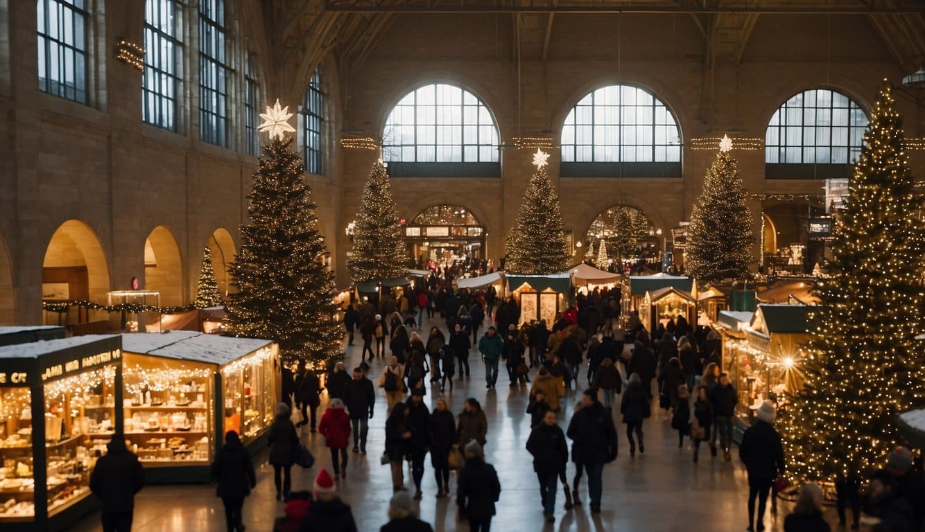 The Union Depot Holiday Market bustles with festive activity, as vendors sell goods amidst twinkling lights and a giant Christmas tree