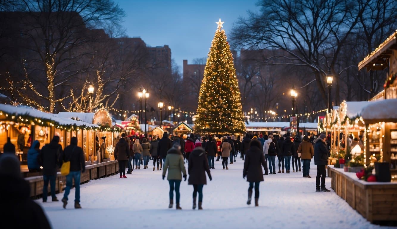 Snow-covered skating rink surrounded by festive Christmas markets at Rice Park, Minnesota. Twinkling lights and holiday decorations create a magical winter scene