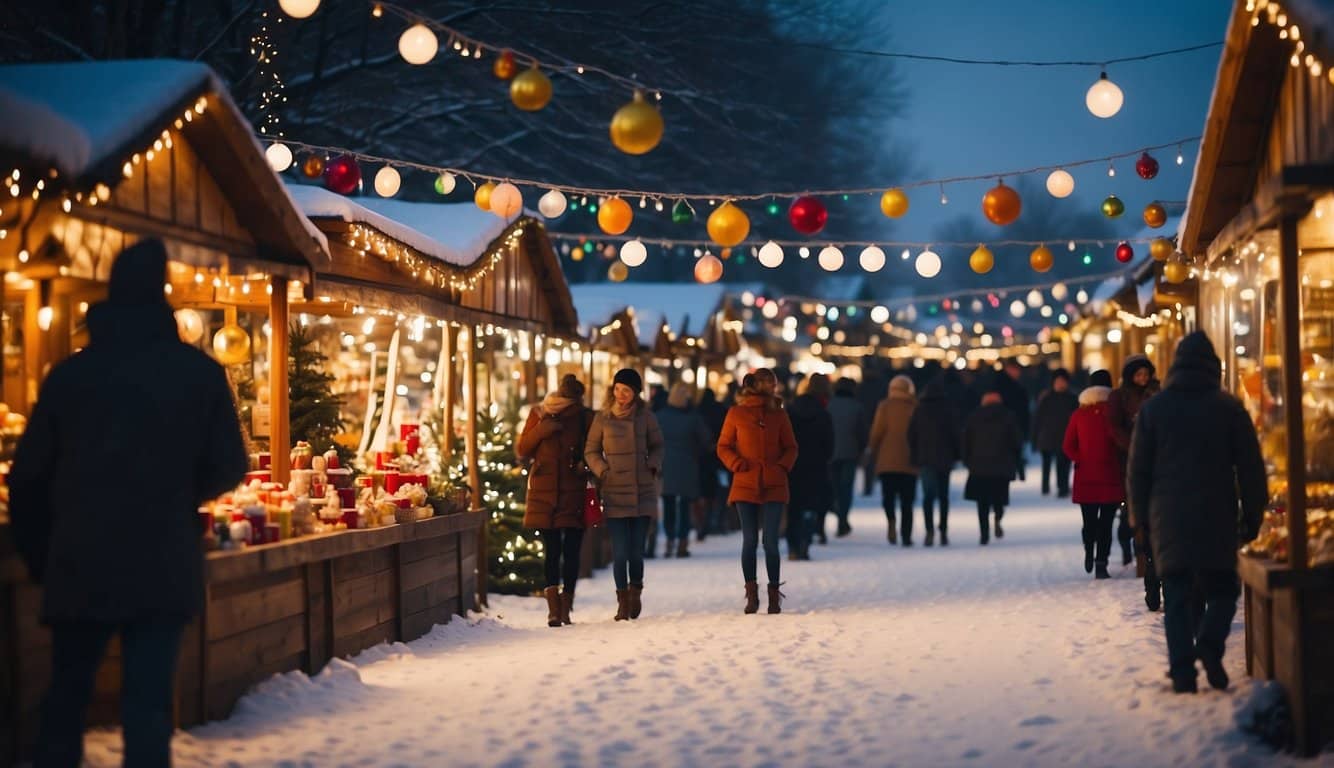 Colorful stalls line snowy streets, adorned with twinkling lights and festive decorations. A giant Christmas tree stands in the center, surrounded by joyful shoppers and the aroma of seasonal treats