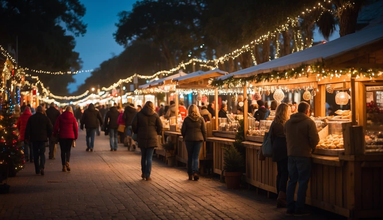 Vibrant Christmas market booths line the streets of Ocean Springs, Mississippi. Festive lights twinkle, and the air is filled with the scent of hot cocoa and freshly baked treats