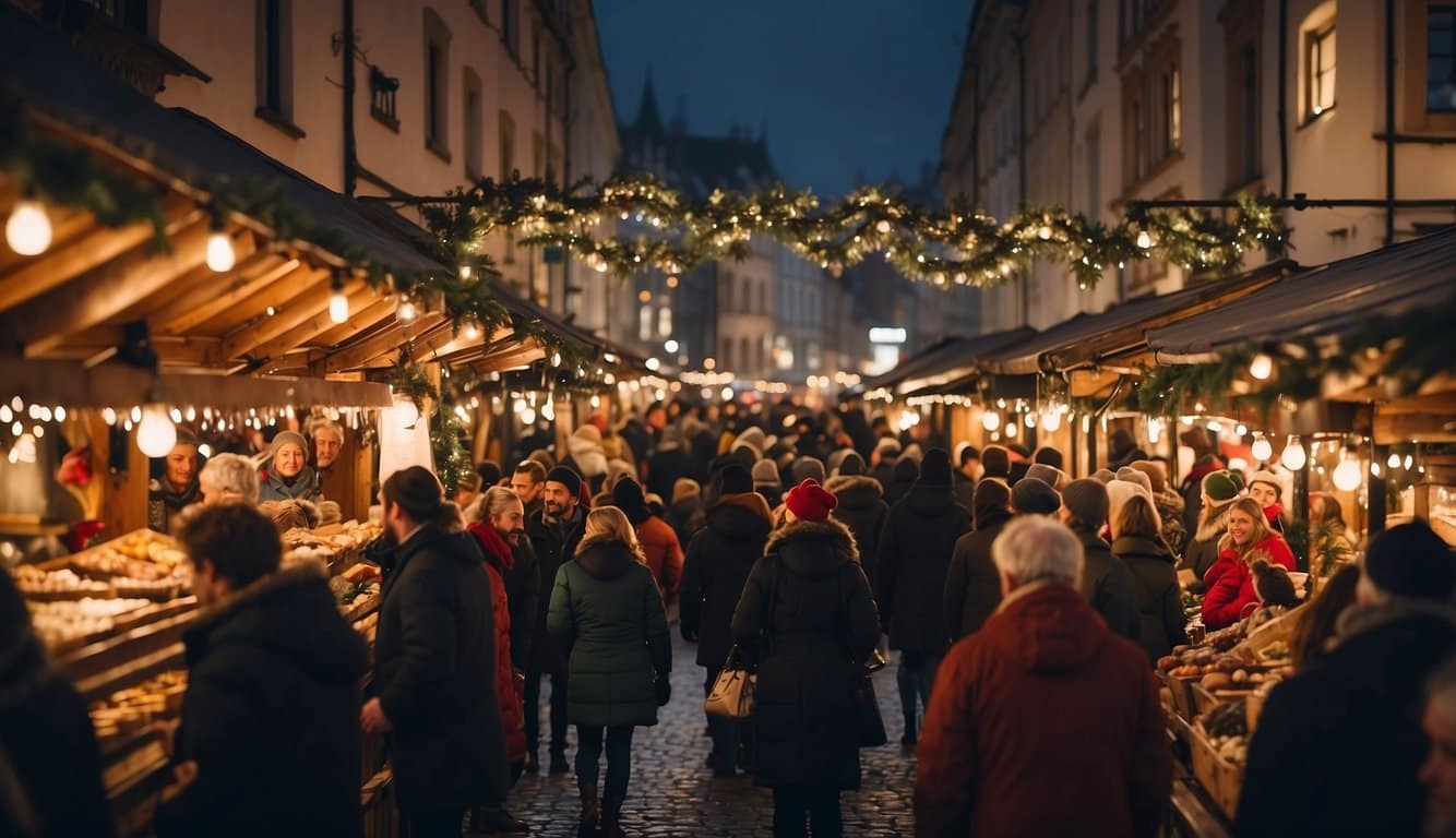 A bustling Christmas market with colorful stalls, twinkling lights, and festive decorations. Crowds of people browse and shop while carolers sing in the background