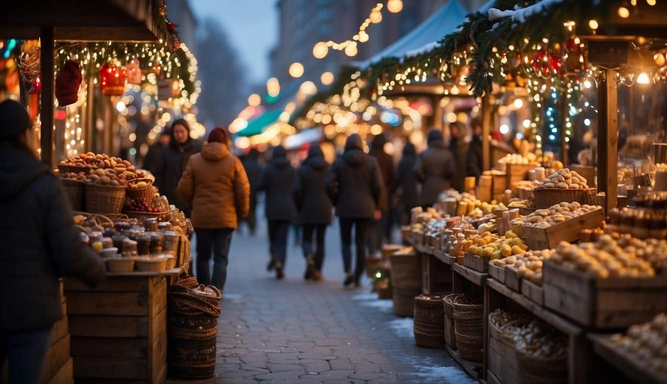 Colorful stalls line the streets, adorned with twinkling lights and festive decorations. Shoppers browse through an array of handmade crafts, while the scent of hot cocoa and roasted nuts fills the air