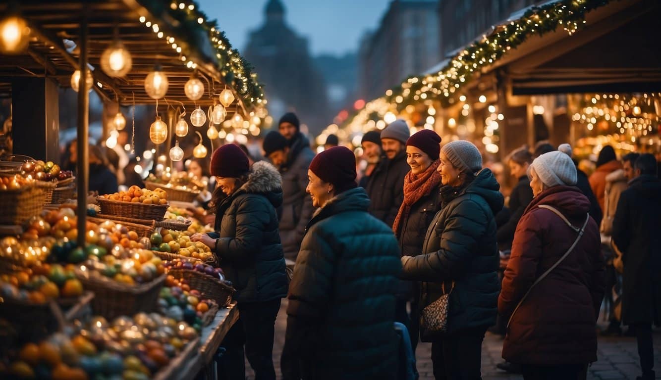 The festive market is alive with twinkling lights, colorful stalls, and cheerful vendors. Shoppers browse through an array of treasures, from handmade crafts to delicious treats, creating a lively and joyful atmosphere