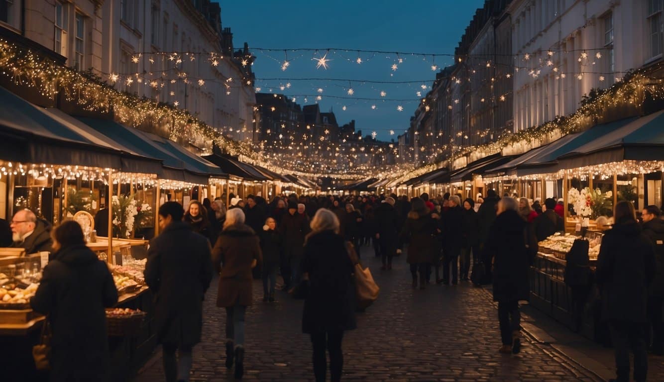 Crowds roam Dickens on the Strand, browsing festive stalls. Victorian buildings adorn the backdrop. Lights twinkle, and a sense of holiday cheer fills the air