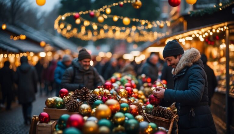 People browsing colorful ornaments at an outdoor holiday market in Mississippi, with festive string lights overhead and decorated stalls in the background on a cold day, eagerly anticipating Christmas Markets 2024.