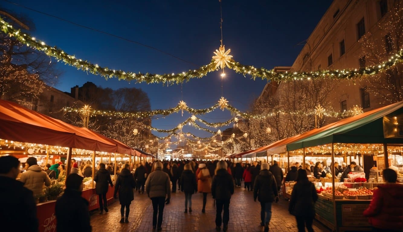 The Mistletoe Market bustles with festive energy, adorned with twinkling lights and colorful decorations. Vendors display an array of holiday goods, while visitors enjoy the cheerful atmosphere