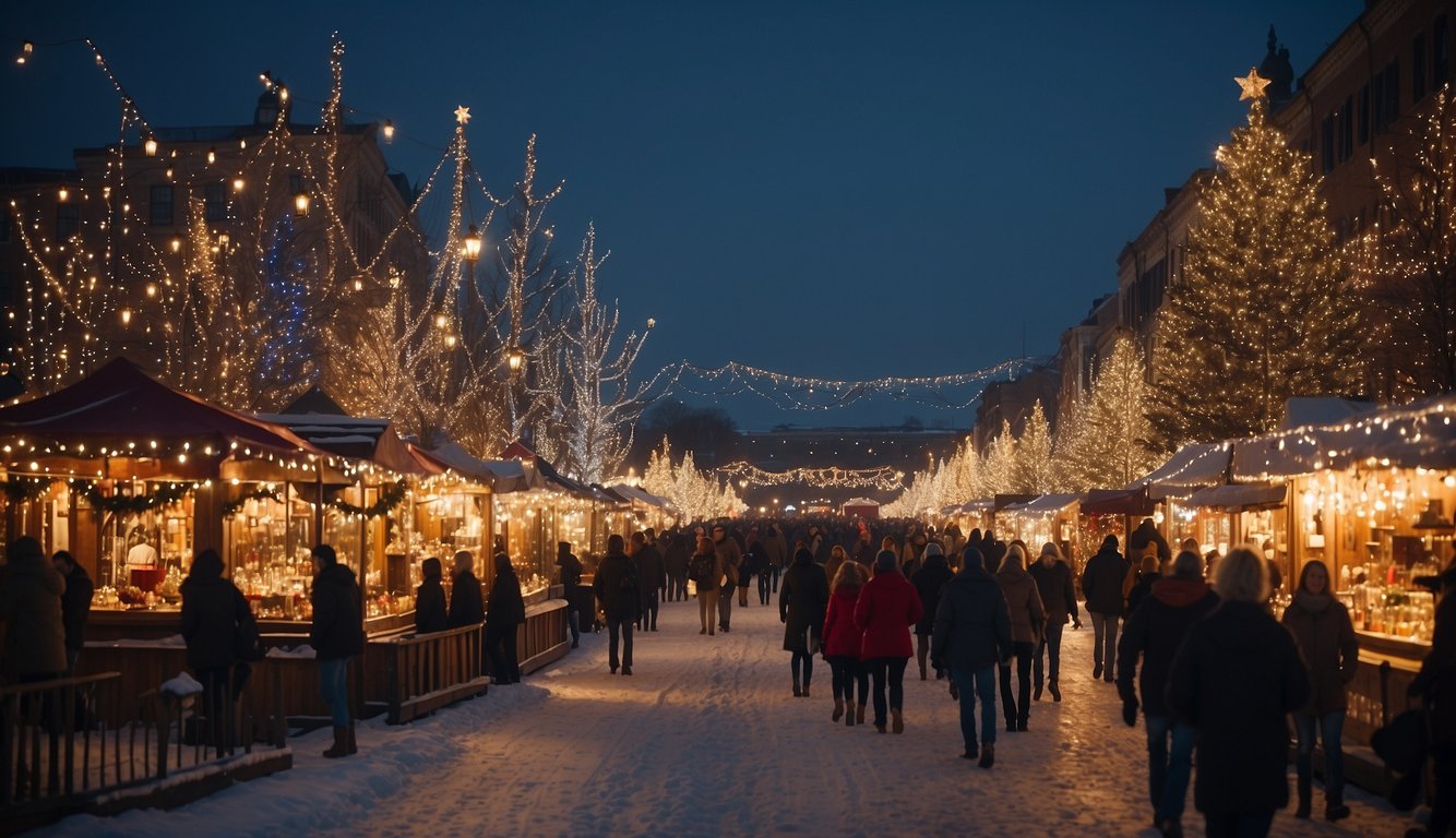 A festive riverfront scene with Christmas markets, lights, and decorations along the Mississippi River in 2024