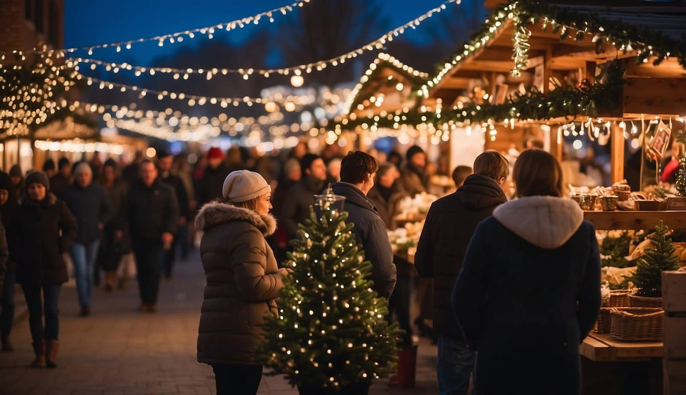 Crowds browse festive stalls at Missouri Christmas Markets, surrounded by twinkling lights, fragrant evergreens, and the sound of holiday music