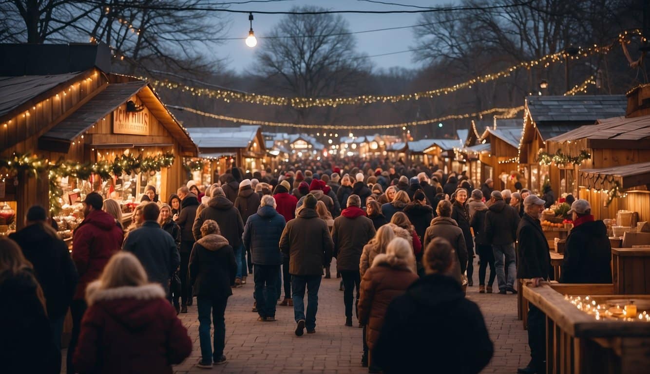 The Tannenbaum Market at Drury University is bustling with festive activity, as vendors sell holiday crafts and treats under twinkling lights and colorful decorations