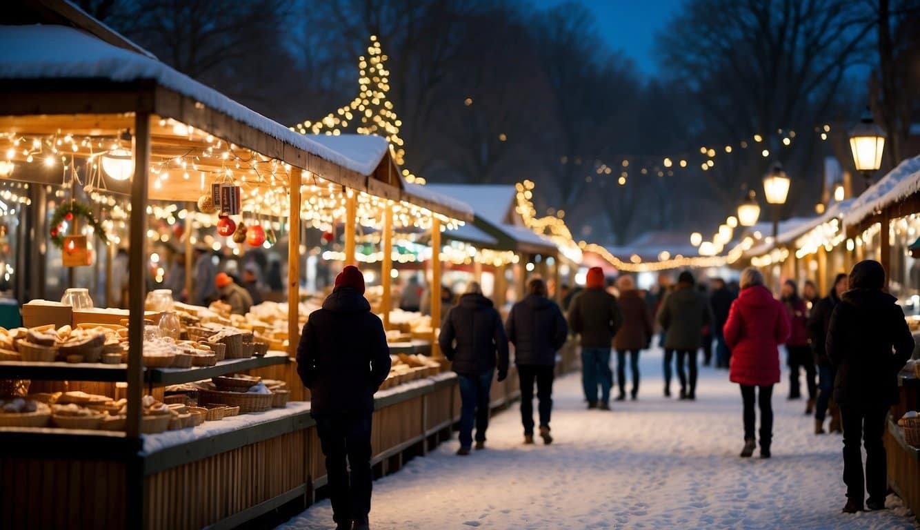 Enchanted forest with Christmas markets in Independence, MO. Twinkling lights, festive decorations, and snow-covered trees create a magical winter wonderland