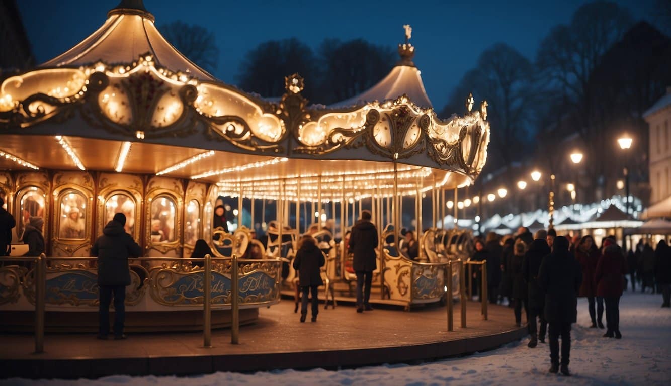 A carousel illuminated with lights operates in a snow-covered park during the evening, with people walking and standing nearby. Trees and additional lights are visible in the background, evoking the festive charm of Christmas Markets Missouri 2024.