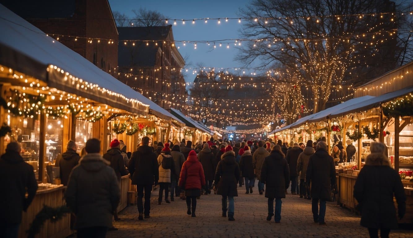 Candy Cane Lane: A snowy St. Louis street lined with festive Christmas market stalls, twinkling lights, and joyful holiday decorations