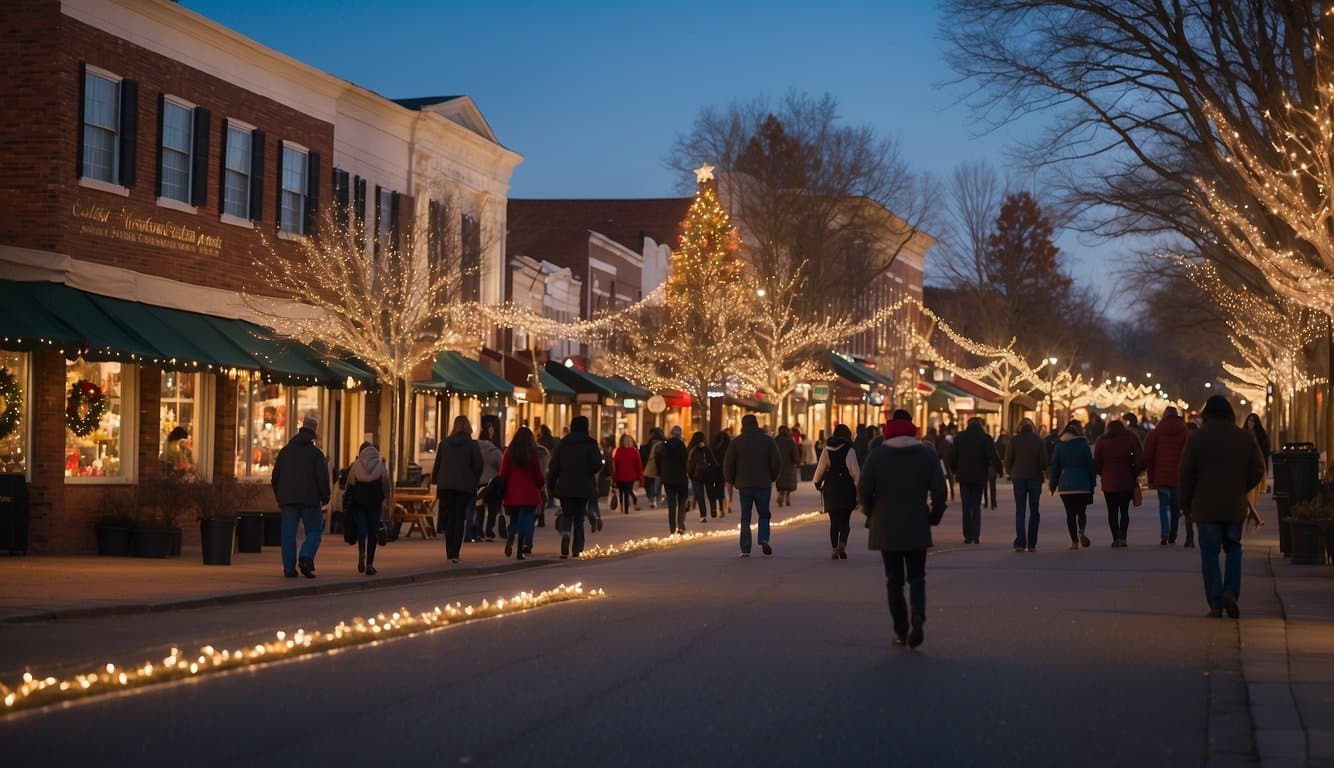 Main Street Franklin, TN adorned with festive lights and bustling with holiday shoppers. Christmas market stalls offer unique gifts and seasonal treats