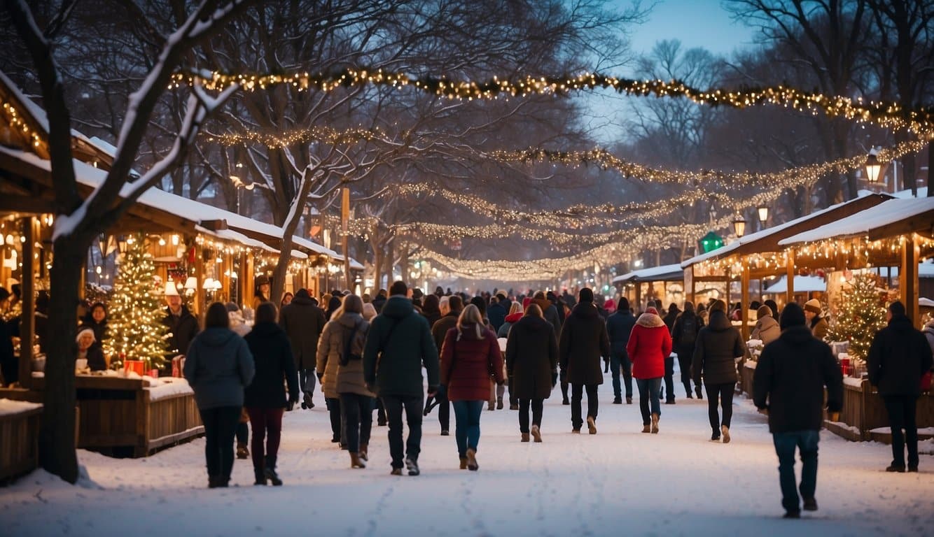 The bustling Christmas market in historic St. Charles, Missouri features festive decorations, twinkling lights, and joyful carolers filling the air with holiday cheer