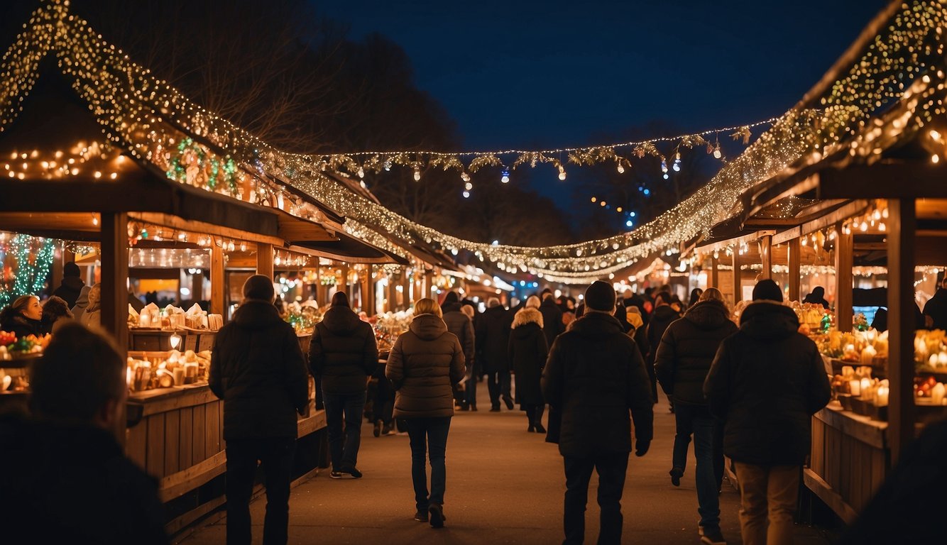 Colorful lights adorn festive market stalls at Omaha's Holiday Lights Festival, creating a warm and inviting atmosphere for visitors in Nebraska 2024