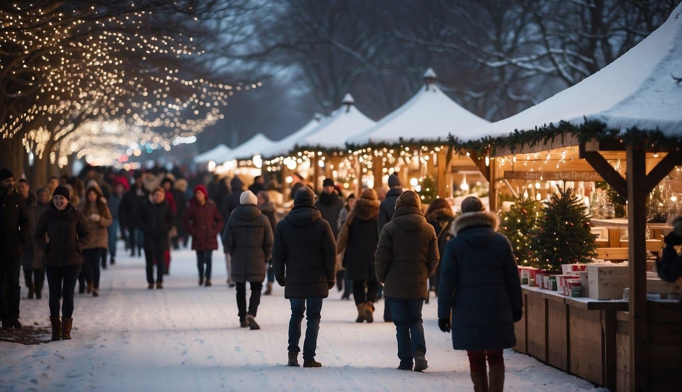 Crowds bustle among festive stalls at the Lincoln Christmas Market, with twinkling lights and holiday decorations creating a merry atmosphere