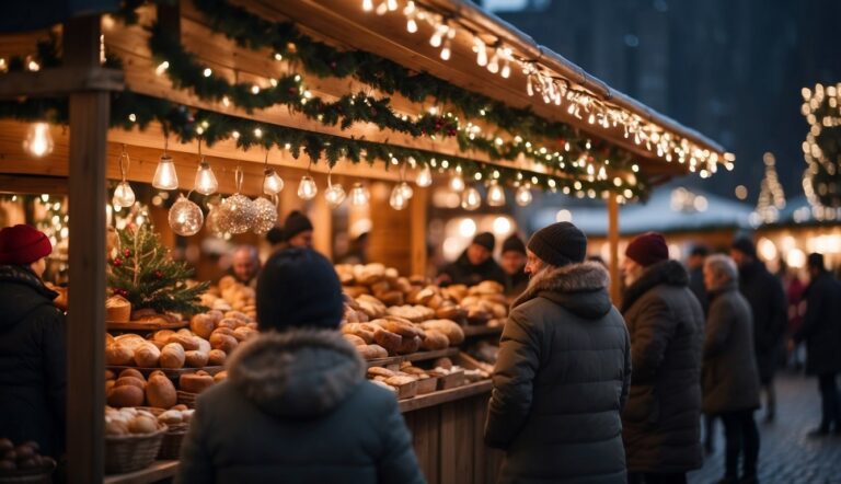 People wearing winter coats browse a festive market stall adorned with lights and greenery, reminiscent of Christmas Markets Nebraska 2024, featuring an assortment of breads and pastries.