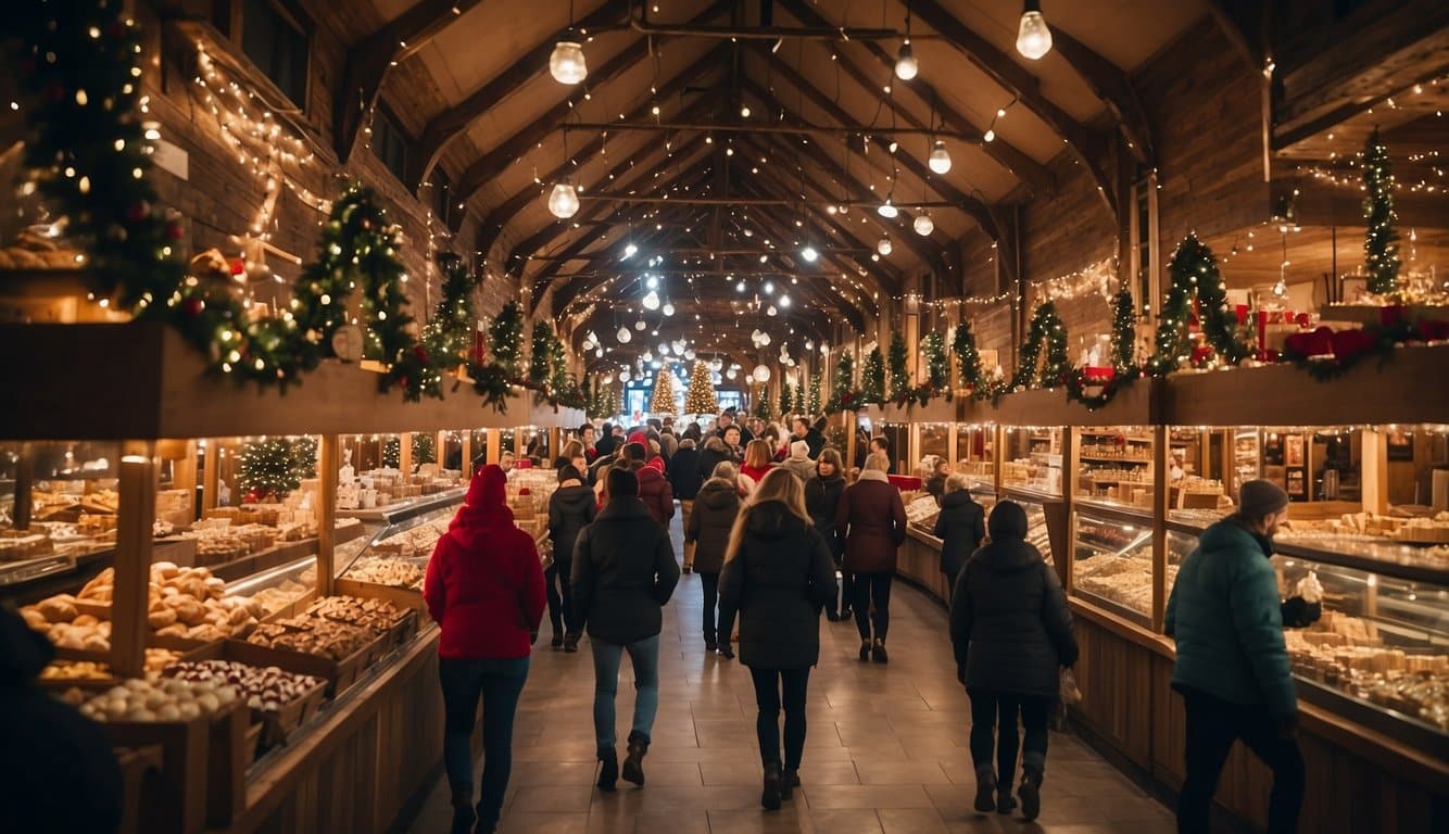 The Bakers Candies Factory Christmas Store is bustling with activity at the Christmas Markets in Nebraska, 2024. The store is adorned with festive decorations and filled with holiday shoppers