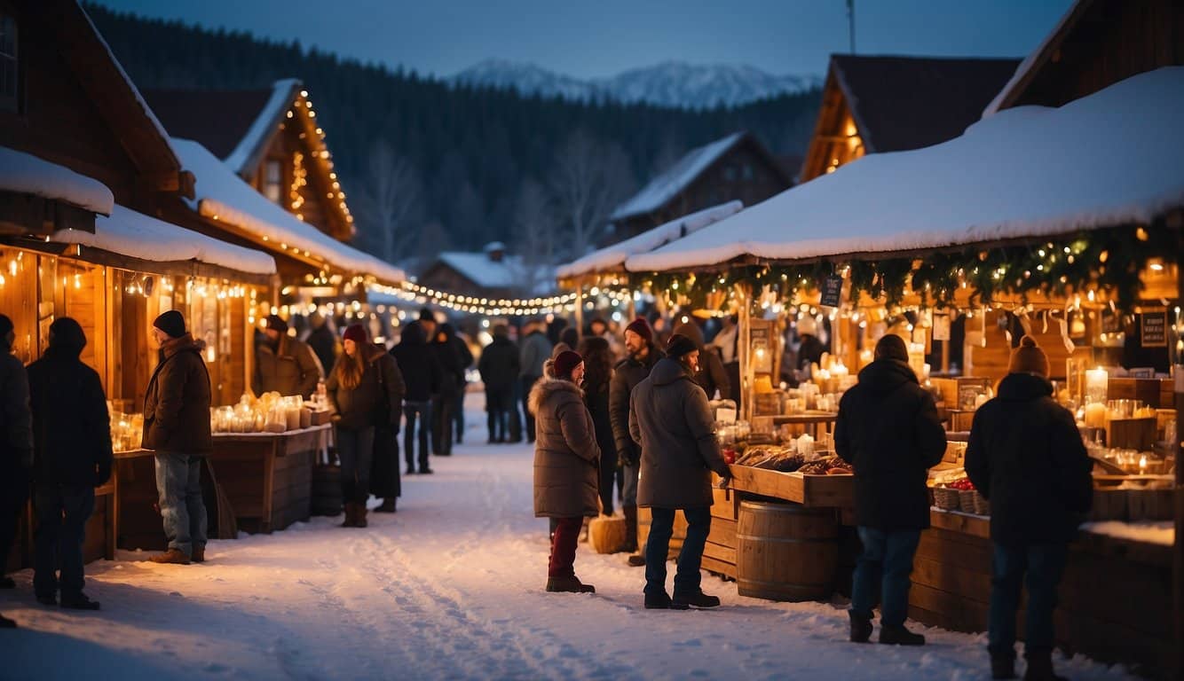 Warm glow of candlelight illuminates festive market stalls at Buffalo Bill Ranch. Snow-covered landscape adds to the cozy Christmas atmosphere