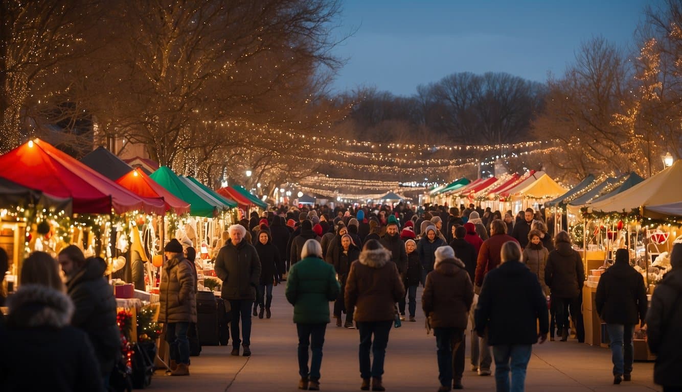 A festive scene with colorful stalls, twinkling lights, and bustling crowds at the Eldorado Hills Holiday Show Christmas Markets in Nebraska 2024