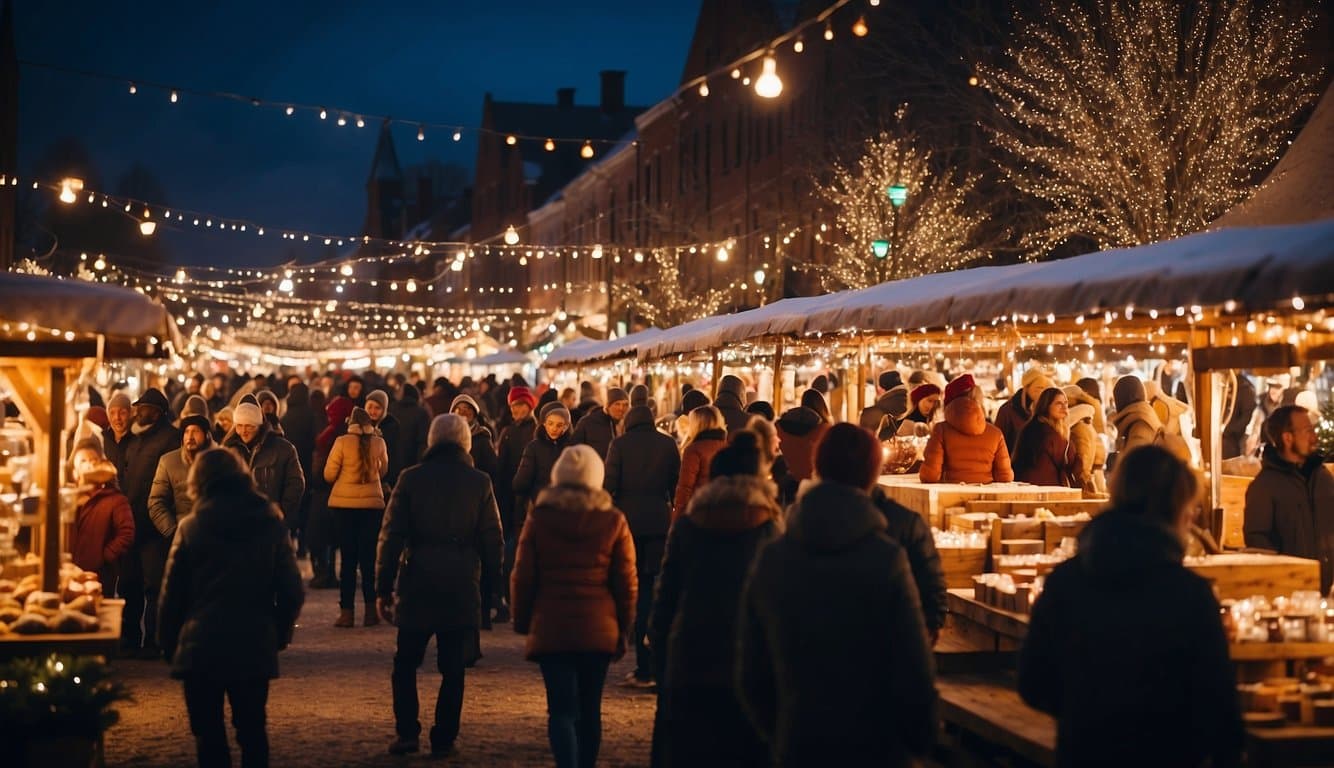 Snow-covered mansion with twinkling lights, festive wreaths, and a towering Christmas tree. People gather around market stalls selling handmade crafts and seasonal treats. Horse-drawn carriages pass by, adding to the magical atmosphere