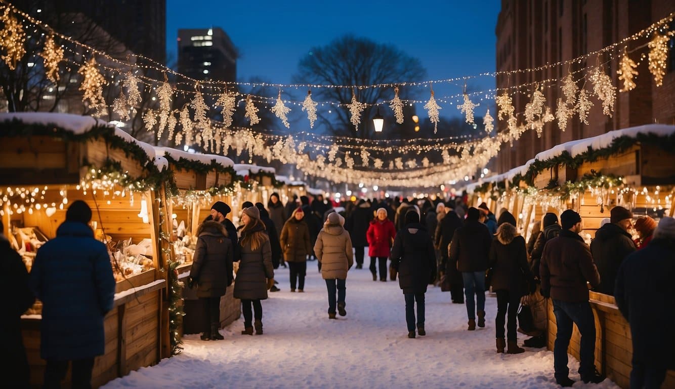 Festive stalls adorned with twinkling lights and garlands, surrounded by bustling crowds in a winter wonderland setting at Christkindlmarket Omaha