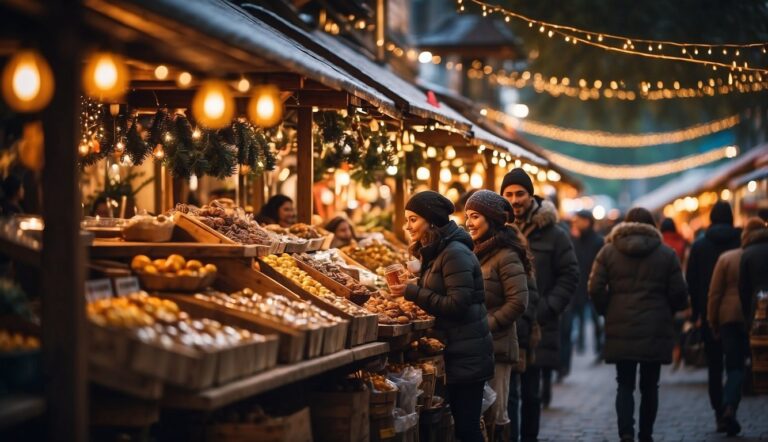 People shop at a festive outdoor market during the evening, with lit strings of lights and various stalls displaying food items.