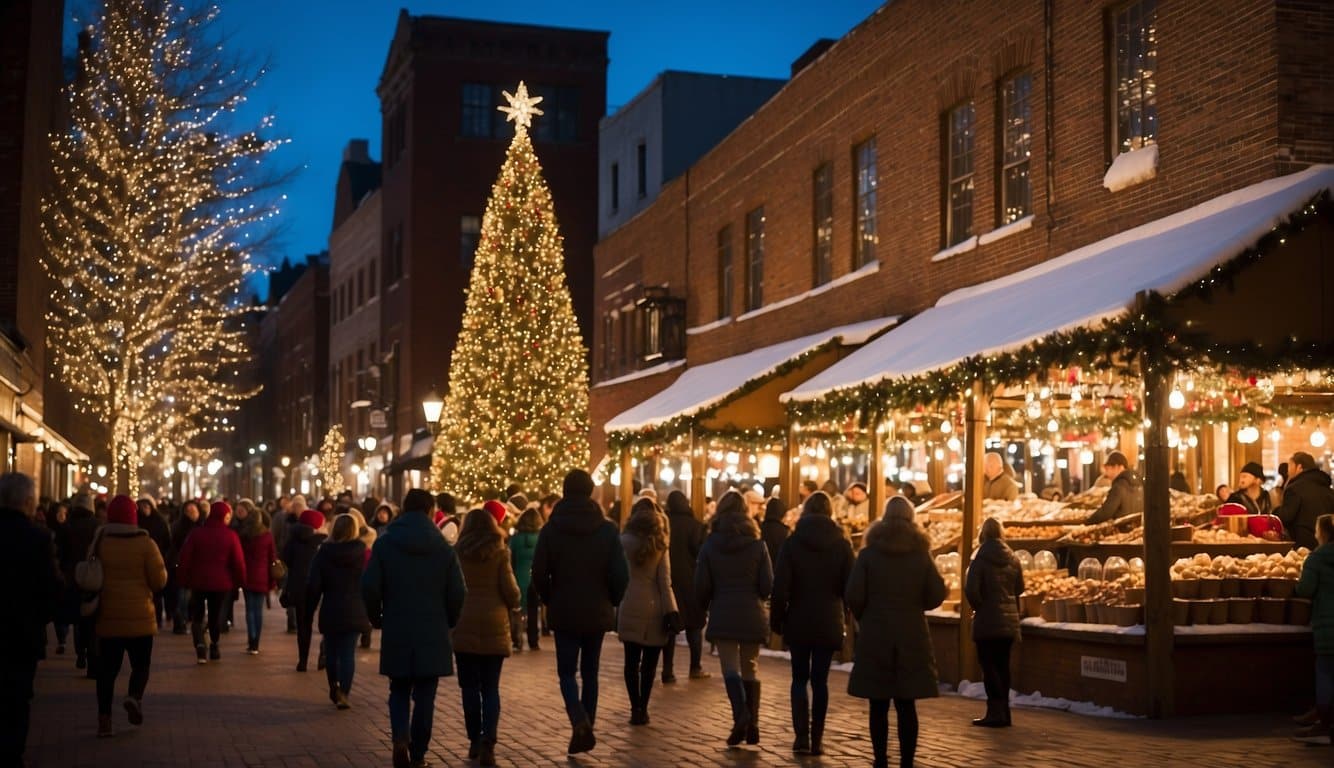 The town square is aglow with twinkling lights and festive decorations. Stalls line the streets, offering holiday treats and crafts. A towering Christmas tree takes center stage, surrounded by a joyful crowd