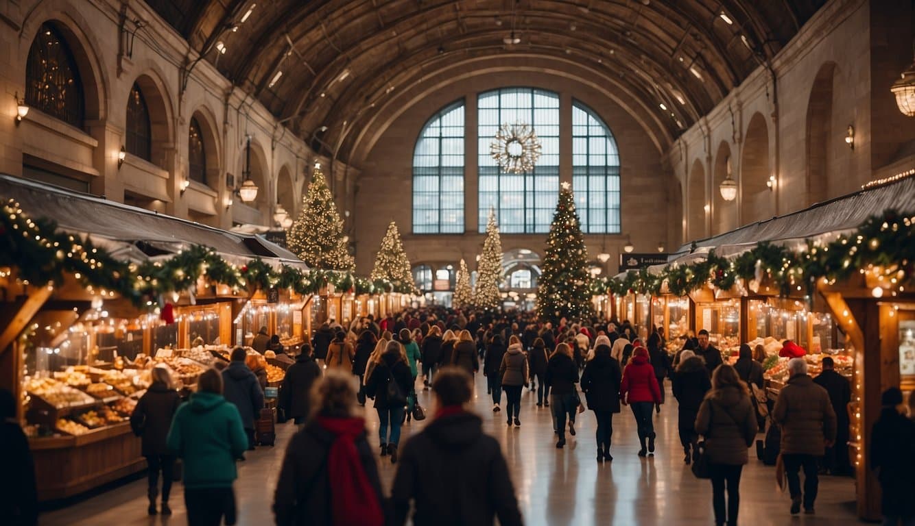 The bustling Christmas market at Union Station is filled with festive lights, decorated trees, and joyful shoppers. A vintage train sits in the center, surrounded by vendors selling holiday treats and gifts