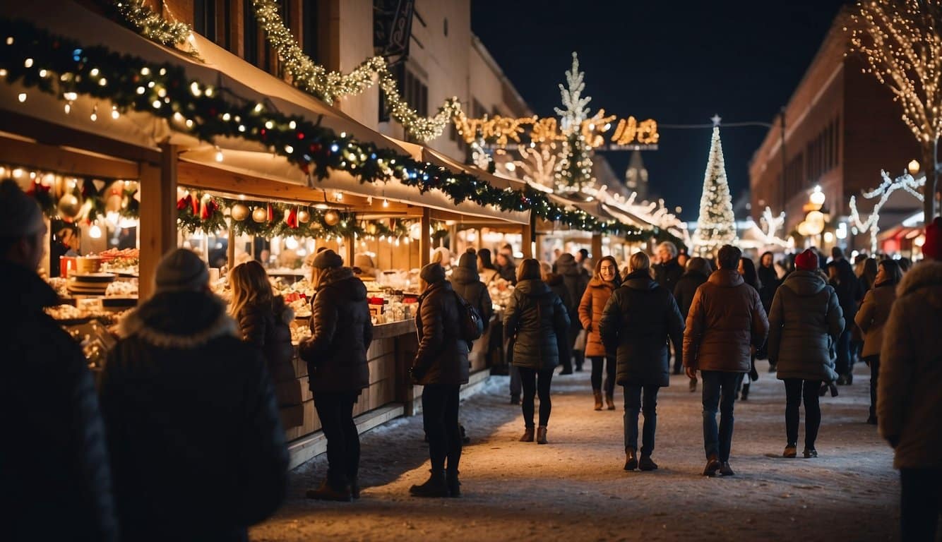 The bustling Christmas market in Nebraska is filled with festive stalls, twinkling lights, and joyful carolers, creating a magical holiday atmosphere