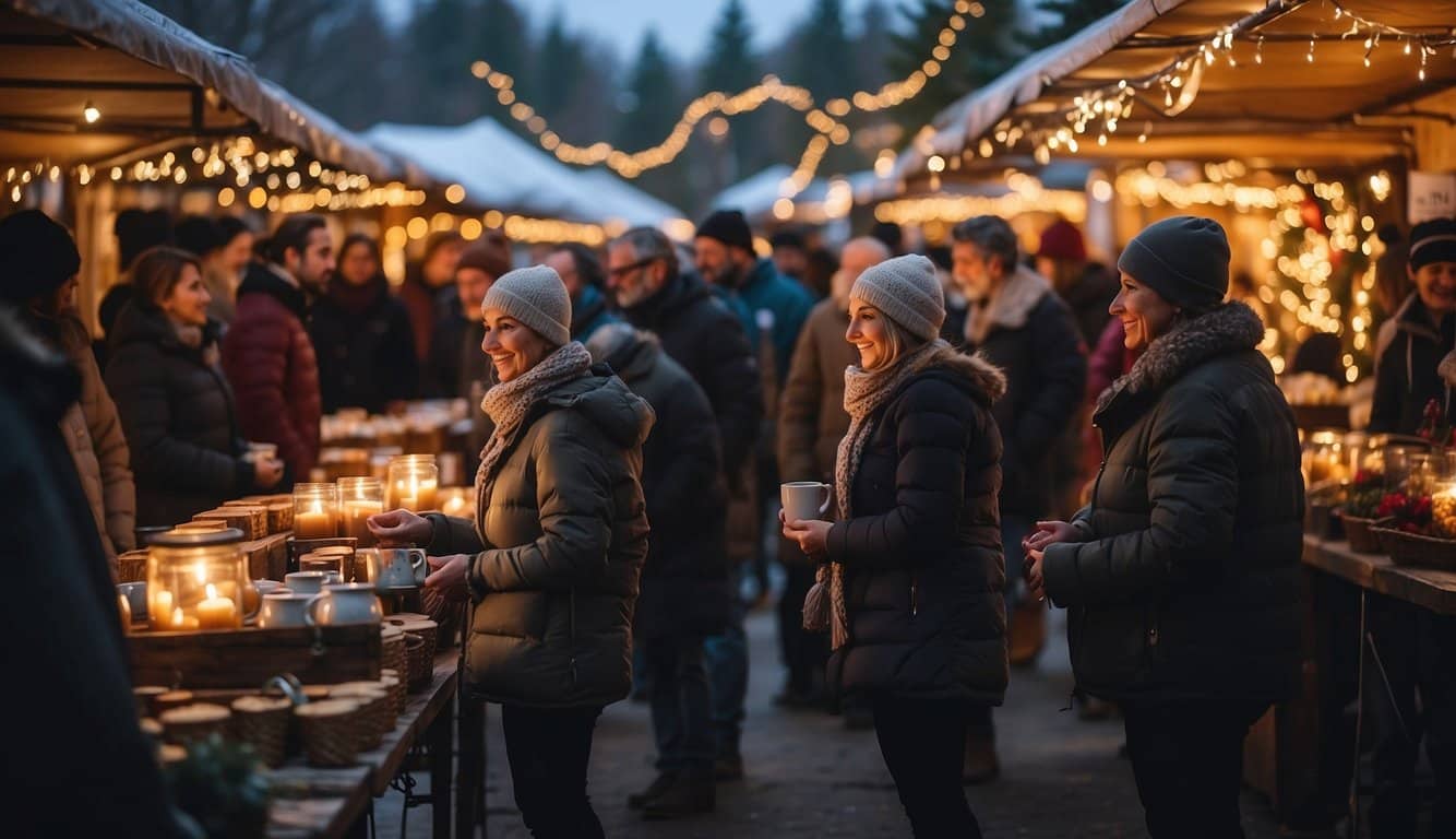 Crowds browse decorated stalls at the New Hampshire Christmas Markets, surrounded by twinkling lights and festive music. Snow dusts the ground, adding to the holiday atmosphere