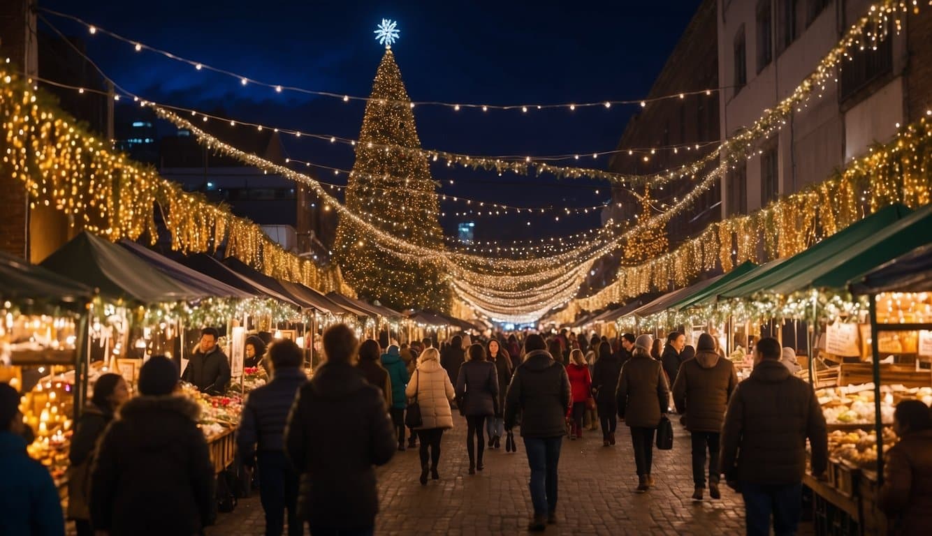 The bustling Noel Night Bazaar glows with twinkling lights, adorned with festive garlands and wreaths. Stalls overflow with artisan crafts, aromatic food, and joyful carolers fill the air with holiday cheer