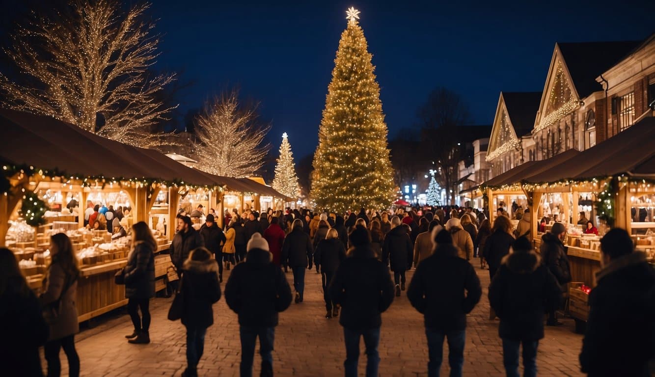 Vibrant holiday market with twinkling lights, festive decorations, and bustling crowds. A giant Christmas tree stands tall in the center, surrounded by charming wooden stalls selling crafts, gifts, and delicious treats