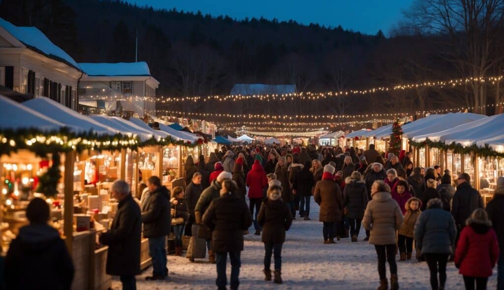 A bustling nighttime outdoor market with festive string lights, crowds of people in winter clothes, and snow-covered ground. Booths line both sides, creating a warm and inviting atmosphere reminiscent of the charming Christmas Markets New Hampshire 2024.