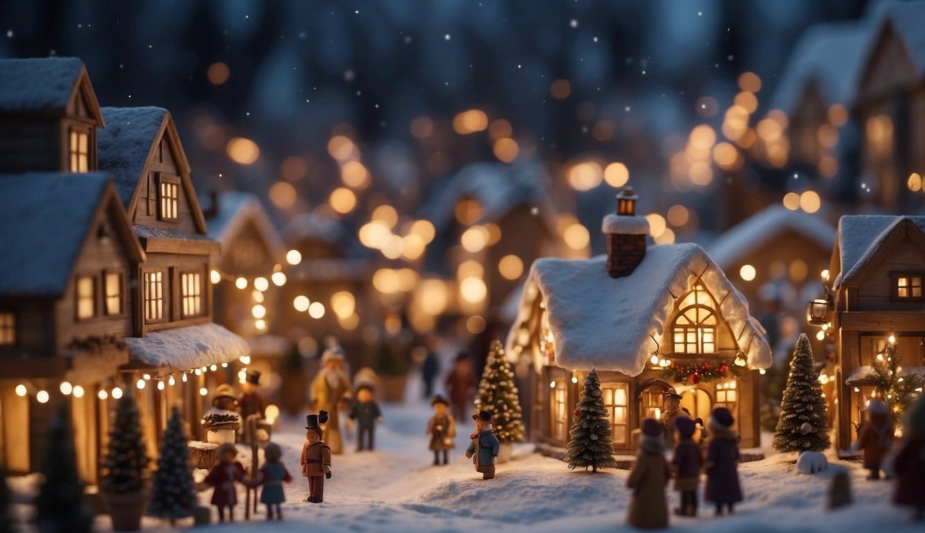 The Christmas village buzzes with festive energy, as market stalls offer handmade crafts, savory treats, and mulled wine. Twinkling lights illuminate the snowy scene, creating a cozy and inviting atmosphere