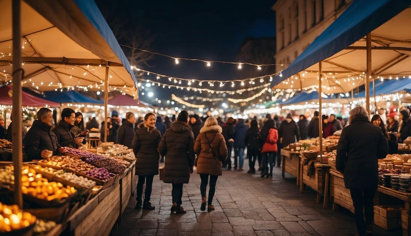 The festive market bustles with merry shoppers, surrounded by twinkling lights and colorful stalls selling handmade crafts and holiday treats