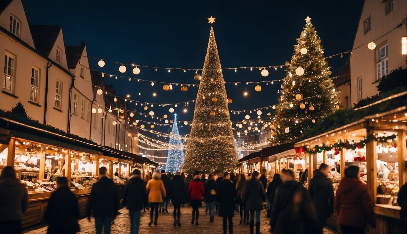 People walking through a festive outdoor Christmas market at night, with decorated stalls and large Christmas trees adorned with lights and ornaments.