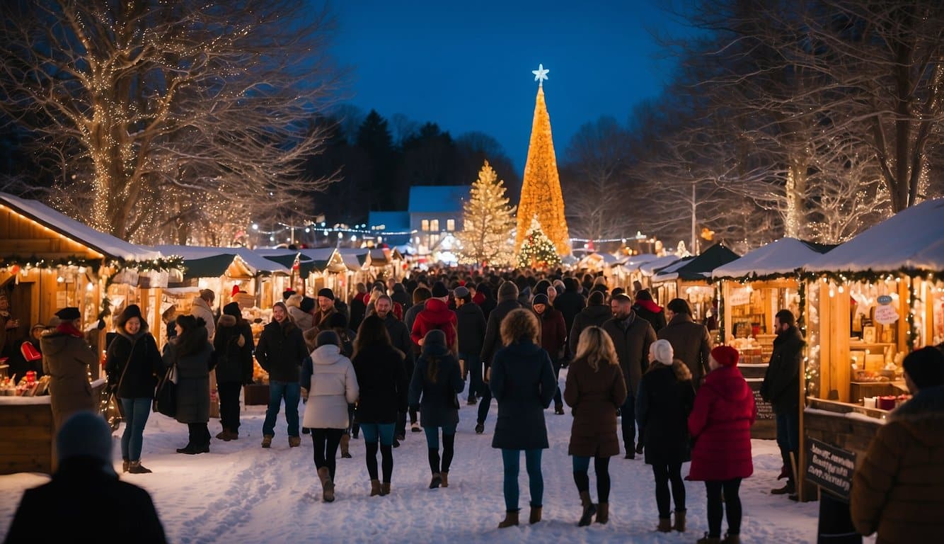 The bustling Christmas market in Milford, New Hampshire, is filled with colorful stalls, twinkling lights, and festive decorations, creating a merry and magical atmosphere for visitors