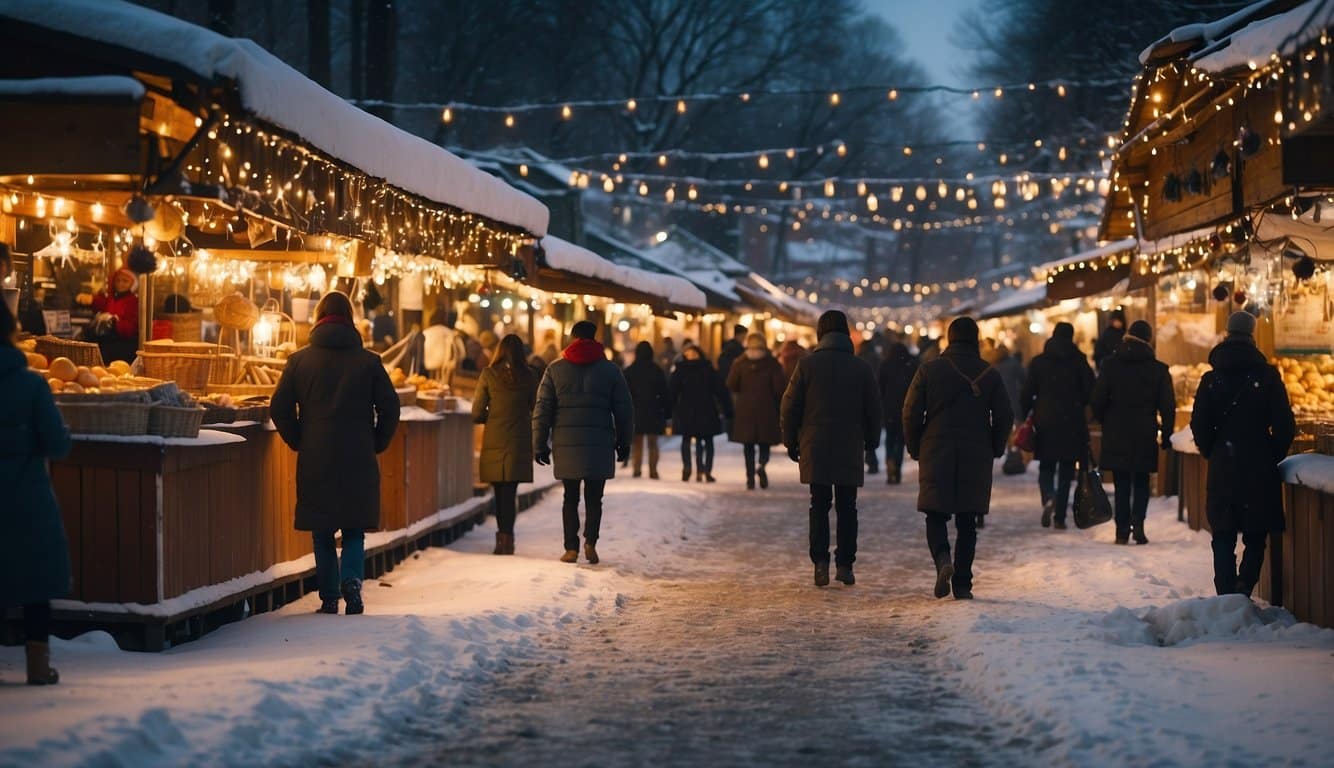 Snow-covered stalls line the streets, adorned with twinkling lights. A festive atmosphere fills the air as visitors wander among the market's wares