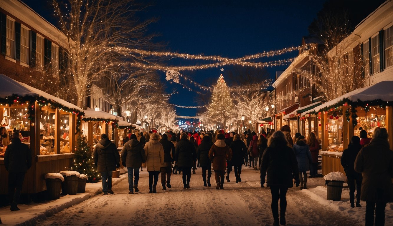 The historic downtown Smithville village Christmas markets bustle with festive activity in New Jersey 2024. Twinkling lights adorn quaint shops and stalls, while the air is filled with the scent of hot cocoa and holiday treats