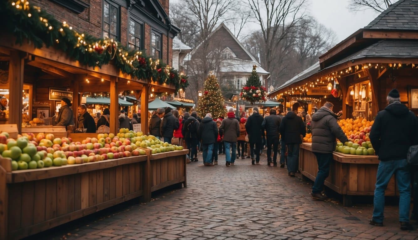 Vibrant market stalls display apples, cider, and festive decorations at the bustling Christmas market in Peddler's Village, New Jersey