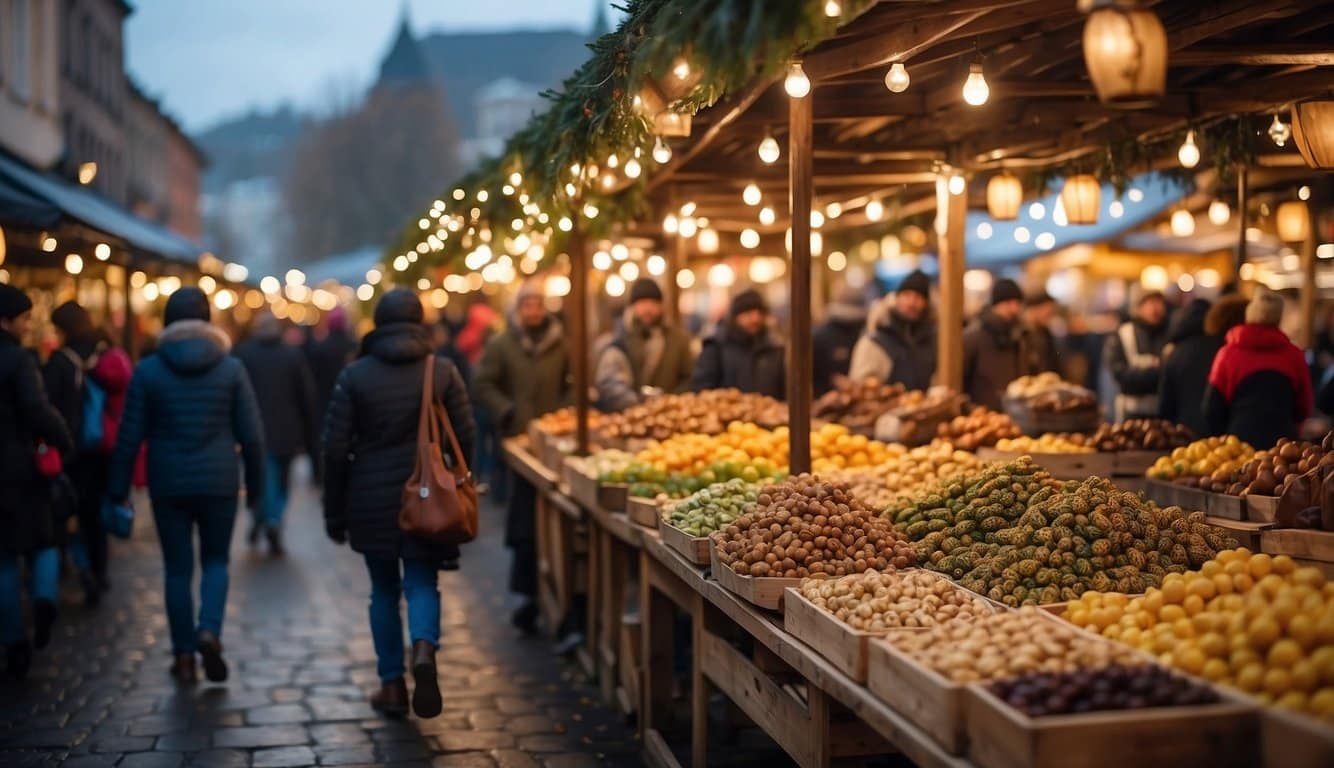 Colorful stalls line the bustling market, adorned with twinkling lights and festive decorations. Aromas of spiced cider and roasting chestnuts fill the air as visitors browse handmade crafts and locally-sourced goods