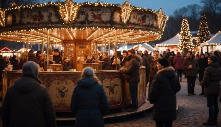 A crowd gathers around a brightly-lit carousel at an outdoor holiday market in the evening, surrounded by decorated trees and festive stalls, bringing the magic of Christmas Markets New Jersey 2024 to life.