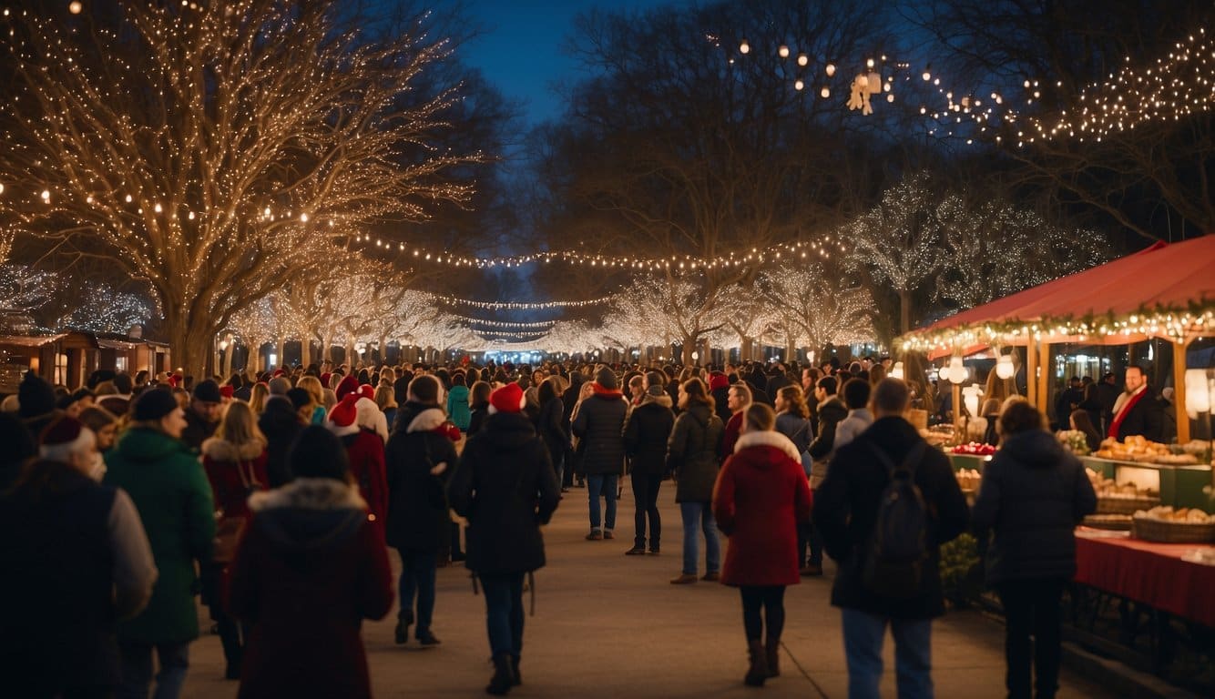 A festive scene with twinkling lights, bustling market stalls, and joyful carolers in a park setting, capturing the spirit of Yuletide in Atlanta