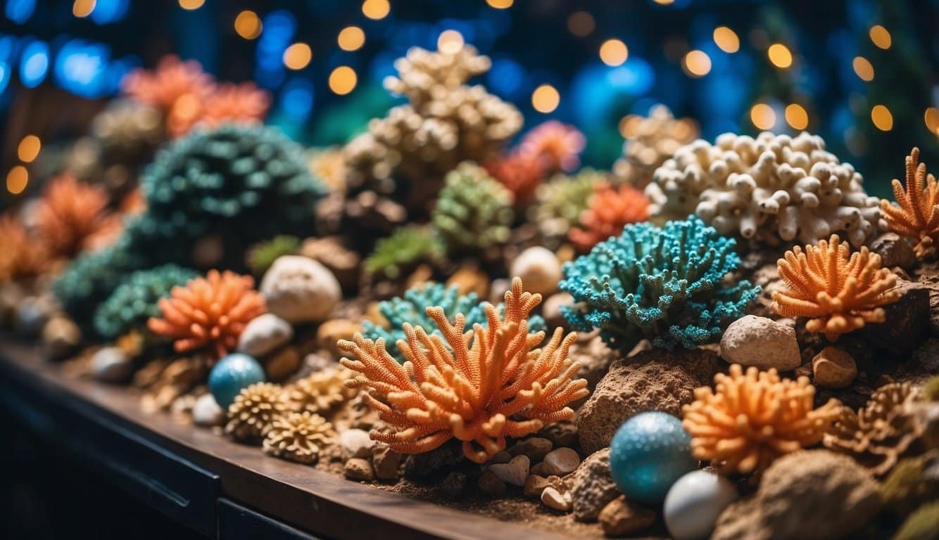 Colorful corals, festive wreaths, and sea creatures surrounded by twinkling lights and holiday decorations at Adventure Aquarium Christmas Markets, New Jersey 2024