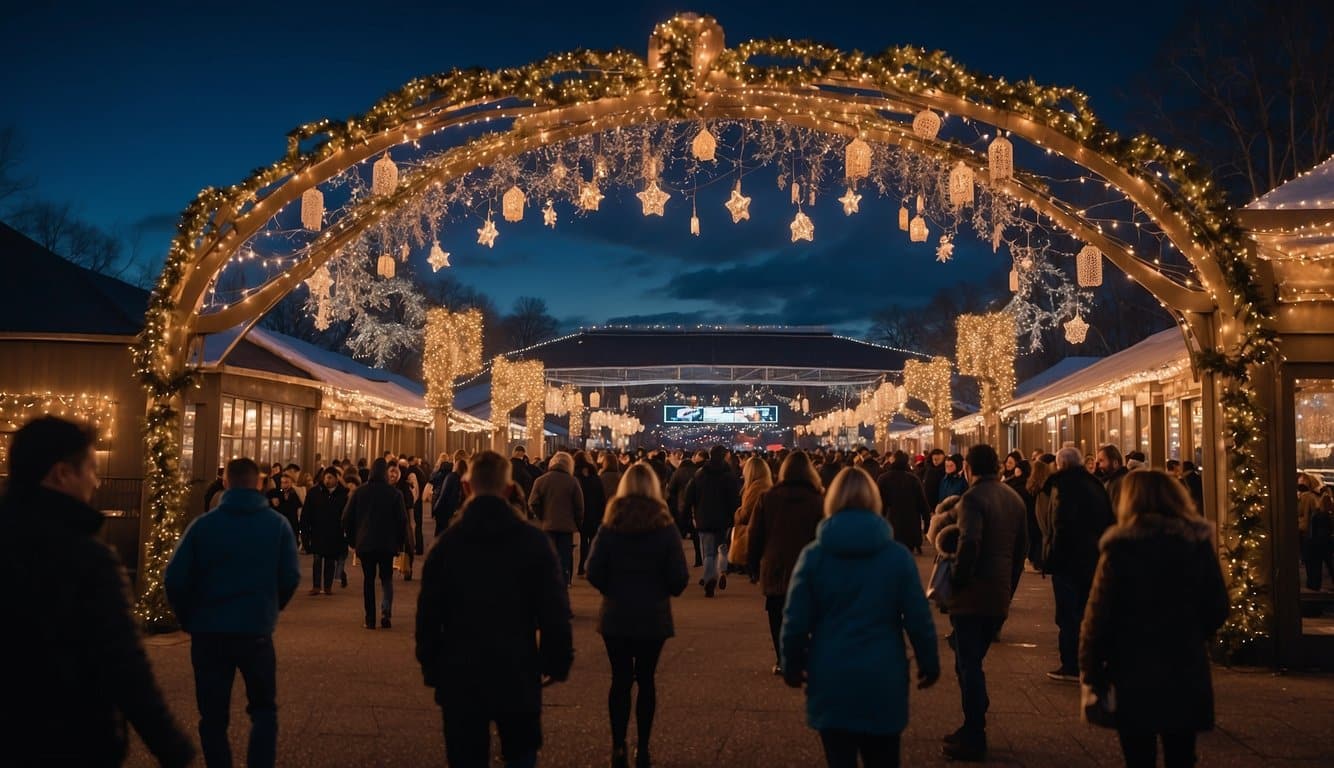 Skylands Stadium glows with Christmas lights, surrounded by bustling markets in New Jersey, 2024