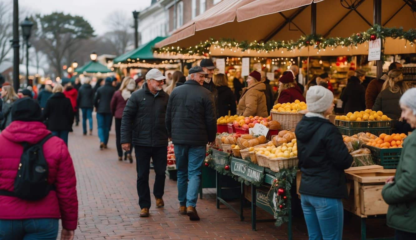 The Cape May Holiday Farmers Market bustles with vendors and shoppers, adorned with festive Christmas decorations. The air is filled with the scent of holiday treats and the sound of cheerful carolers