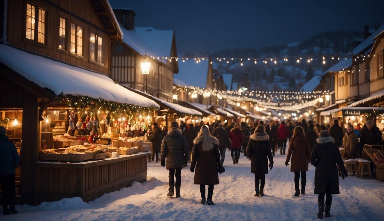 Snow-covered market stalls line the village square, adorned with twinkling lights and festive decorations. Visitors browse through the array of holiday goods, while the scent of hot cocoa and roasted chestnuts fills the air