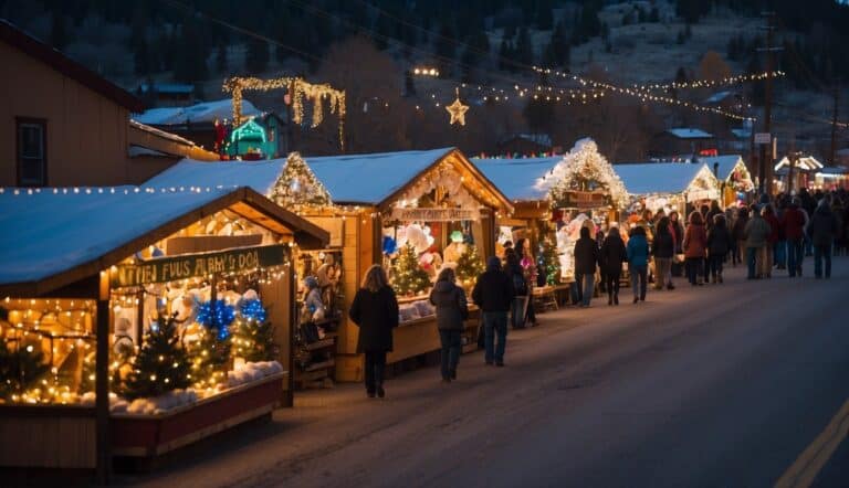 A large Christmas tree with lights and ornaments is centered in a festive outdoor market with people walking and illuminated stalls in the background.